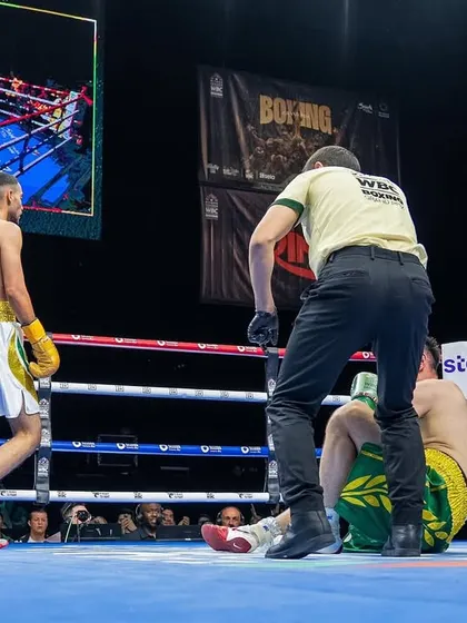 A knockdown during the WBC Grand Prix, proving our fighters are a serious force on the international circuit.