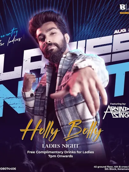 The poster for a Holly Bolly Ladies Night on a Sunday at Blurred Koramangala.