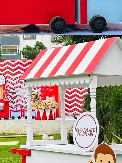 A collection of detailed shots from our vibrant carnival and circus-themed parties, including props like popcorn carts, ferris wheels, and animal figures.