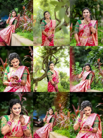 A grid of nine portraits showing the bride in her beautiful pink and green saree. This collage captures her happy expressions and showcases her traditional look from every angle.