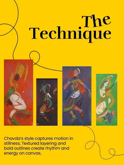 A graphic highlighting the technique of Shiavax Chavda, whose style captures motion in stillness through textured layering and bold outlines.