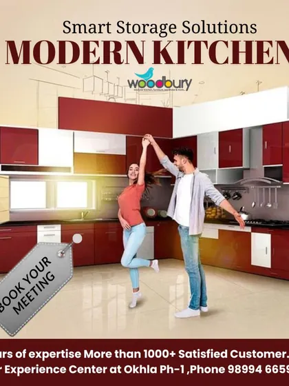 A modern kitchen concept in a bold red and white combination. This L-shaped layout is efficient and stylish, with plenty of storage.