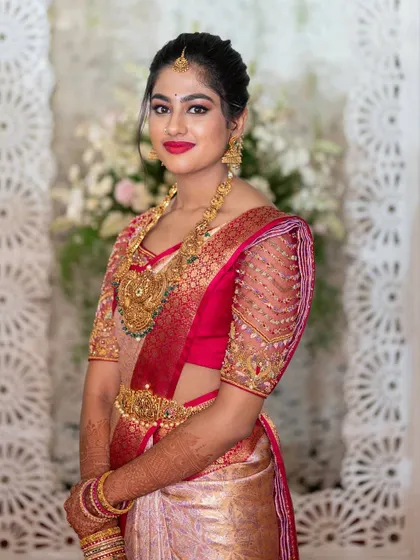 A closer view of the reception look. The intricate embroidery on the sheer sleeves of the blouse adds a layer of sophistication, perfectly complementing the shimmer of the tissue silk saree.