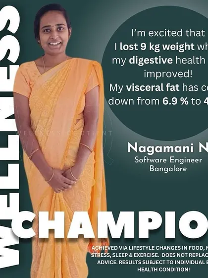 Nagamani, a software engineer, was battling severe digestive issues and stress. Through a guided wellness program, her digestion improved, she lost 9 kg, and her visceral fat dropped from 6.9% to 4.7%, proving the deep connection between stress and physical health.