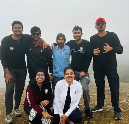 Another happy group from our Skandagiri trek, enjoying the cool and misty weather at the peak.