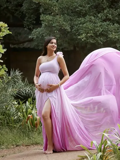 A fairytale moment in the park. The magnificent pink flowing gown transforms this outdoor maternity shoot into something truly magical and breathtaking.