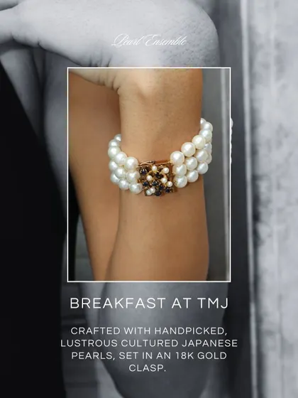 A closer look at the 'Breakfast at TMJ' pearl bracelet. It is crafted with handpicked, lustrous Japanese cultured pearls and set in an 18k gold clasp for a touch of warmth.