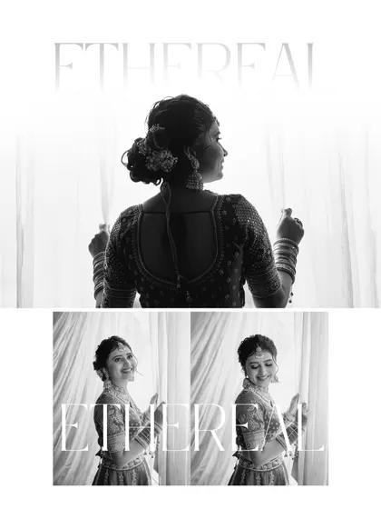An ethereal black and white collage of the bride by the window. The high-contrast lighting creates a dramatic and artistic series of portraits.