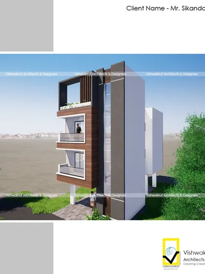A side view of the 3BHK house on a 17x28 feet plot in Roha. This shows how we use a combination of wood-finish panels and grey texture to create a sleek, modern look.