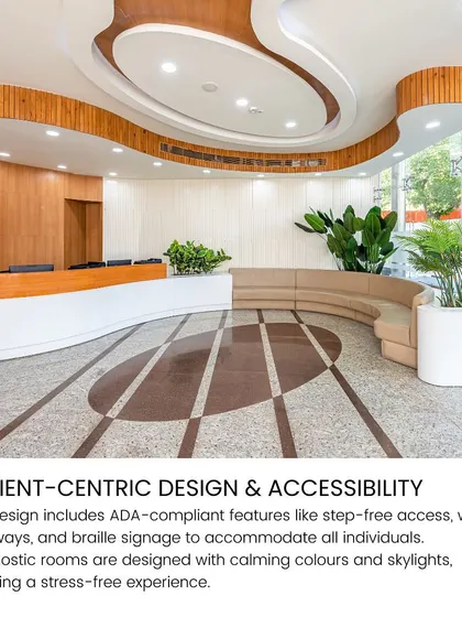 The reception of the NRDC is designed with ADA-compliant features like step-free access and wide doorways. The use of natural materials, biophilic elements, and curved forms creates a welcoming, stress-free environment for all individuals.