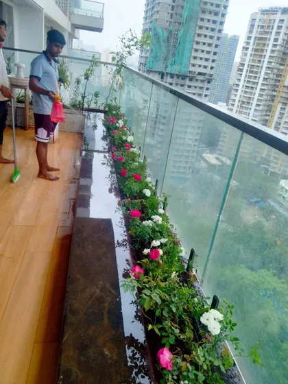 Our team completing the final touches on a balcony rose garden. We ensure proper soil mix and planting depth, which are crucial for the long-term health and bloom of the flowers in a planter setup.