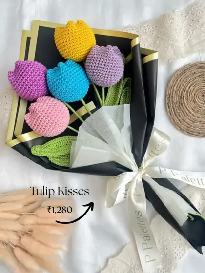Our "Tulip Kisses" bouquet is a vibrant and colorful arrangement of six crochet tulips, perfect for making someone's day special.