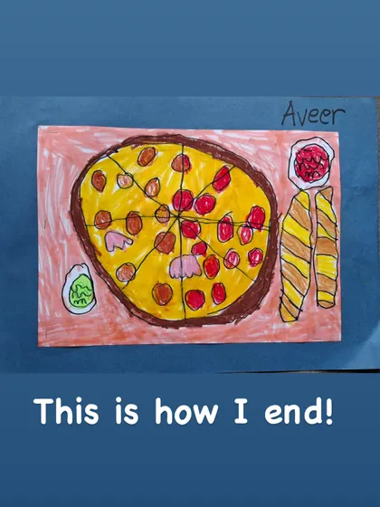 The finished pizza, complete with garlic bread and dips. The student has successfully assembled all the elements into a delicious-looking composition.