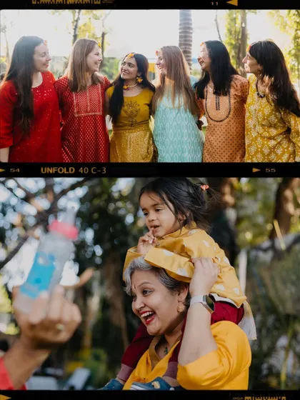 A film-style collage capturing the joy of the Haldi ceremony. It shows the bride with her friends and a heartwarming moment between a grandmother and a child.