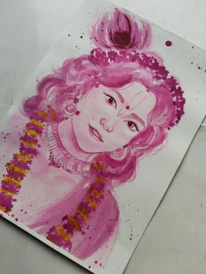 Another view of my Kanha painting. The splatter effect in the background adds a touch of modern flair to this devotional piece, making it feel both classic and contemporary.