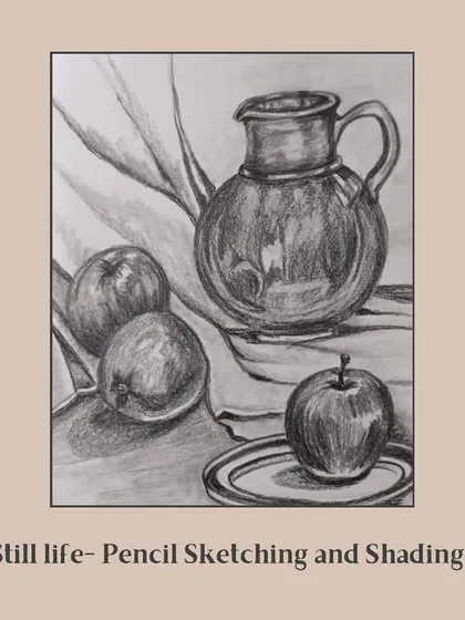 A classic still life composition done with pencil sketching and shading. This piece demonstrates a strong understanding of light, shadow, and form.