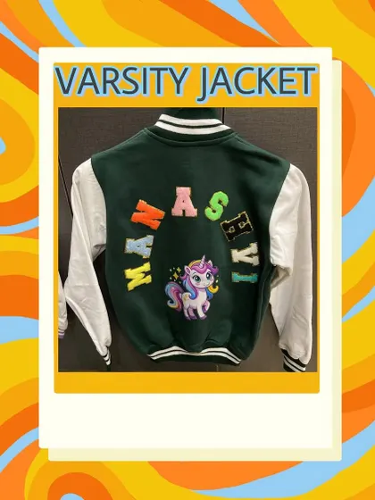 For the unicorn lover, this dark green varsity jacket with colorful name patches is a stylish and fun choice for the cooler months.