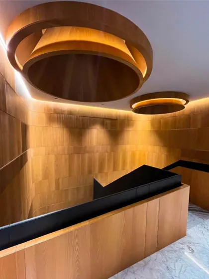 This staircase area is defined by its meticulously crafted wooden wall paneling and sculptural, circular light fixtures. Integrated LED lighting enhances the warm texture of the wood, creating a sophisticated interplay of light and shadow.