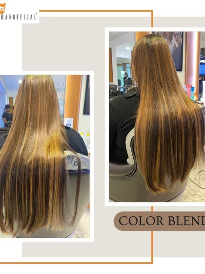 Here, we blended two tones of extensions, honey blonde and medium brown, to add length and volume. The color match is seamless for a natural look.