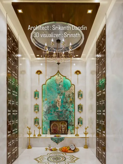 A second design option for the luxury pooja room, featuring different decorative elements on the side walls while maintaining the central theme.