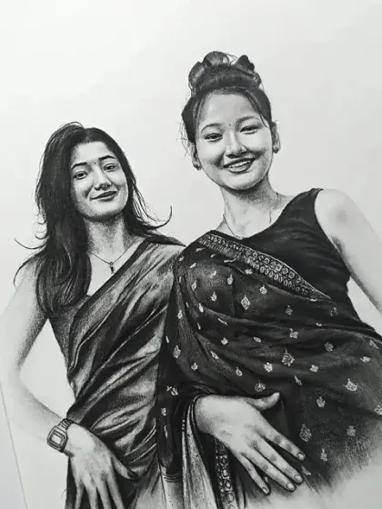 A commission of two friends, both dressed in beautiful sarees. I focused on their happy expressions and individual styles.
