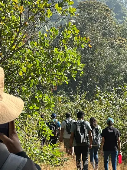 A trekker captures the moment as the group follows a trail through the sun-dappled forests of Agumbe. I encourage teams to document their shared journey.