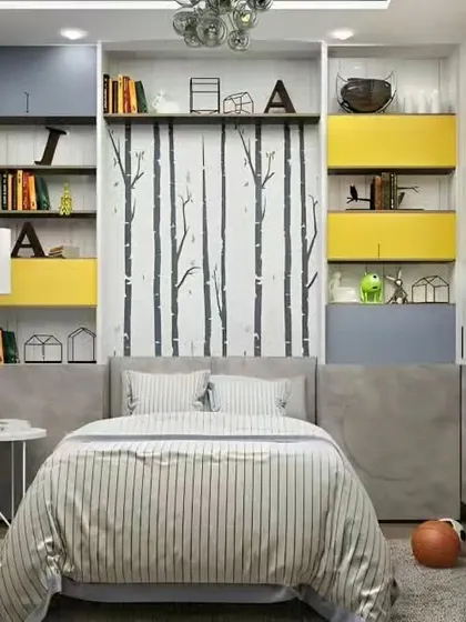 A duplicate of image 47, this compact bedroom design uses colorful shelving and a nature-themed wallpaper to create a fun and organized space.