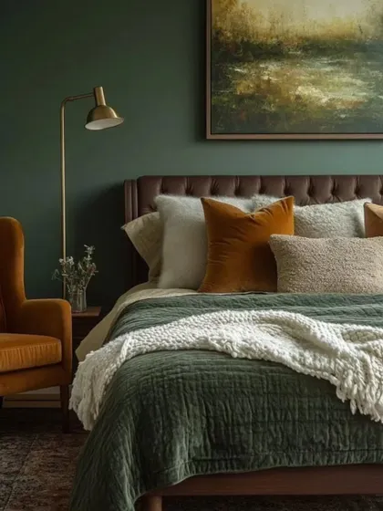 The right artwork can complete your bedroom sanctuary. This abstract landscape, with its soothing green and earth tones, was chosen to complement the room's cozy and natural vibe, creating a perfect space for relaxation.