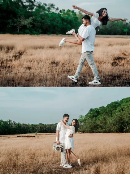 A collage of a couple having fun in a field, with the groom lifting his partner and another shot of them with a retro boombox.