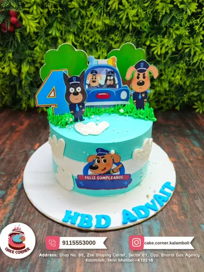 A paw-some police dog cartoon cake for Advait's 4th birthday. This fun and friendly design is great for kids who love animal hero stories.