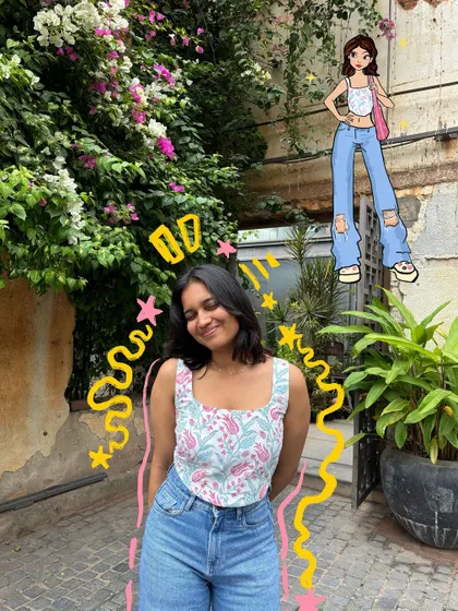 This look features a cute paisley top and jeans, with a hand-drawn version of me to match. It's a fun way to highlight the details of your outfit.