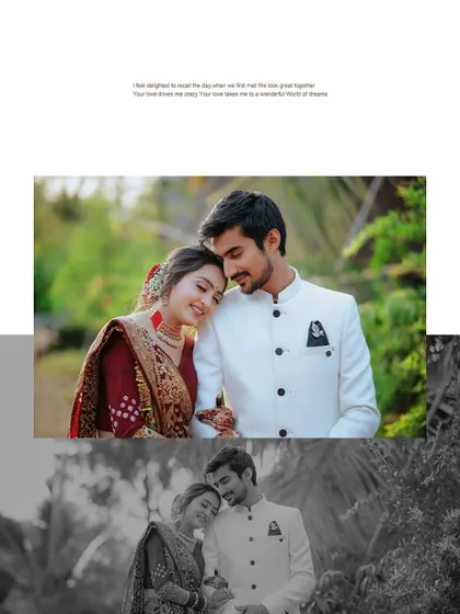 A collage celebrating an engagement anniversary. The mix of color and black and white photos creates a nostalgic and romantic tribute to their love story.