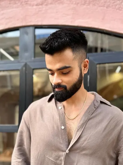 A top-down view of this fade haircut, showing the texture and styling on top.