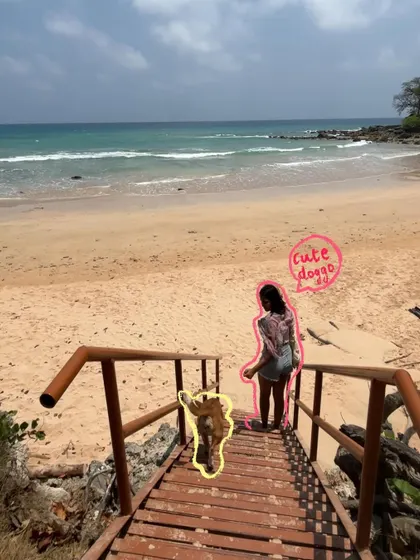 Making a cute doggo friend on the way to the beach. The doodles highlight this sweet little moment.