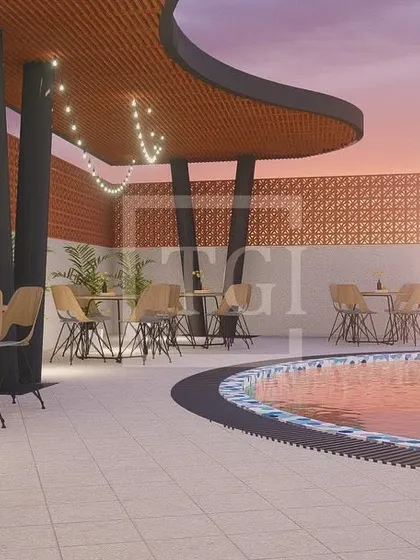 This render shows the covered dining area of the Bhubaneswar hotel project, with string lights and a curved roof creating a festive and inviting atmosphere.