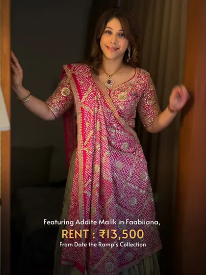 Addite Malik, aka Meeta from 'Shararat', knows the real magic is renting designer fits. She looks beautiful in this pink and green lehenga by Faabiiana.