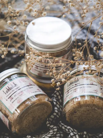 Three jars of my body polisher, showing how I prepare them in small, fresh batches. This ensures the product you receive is potent and effective.