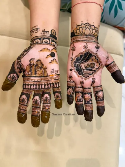 Creating custom Karwa Chauth designs is a huge part of being a professional artist. Here you can see a full set I did for a client, combining a traditional portrait scene with modern elements. You'll learn how to design for festivals in my course.