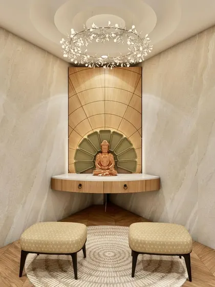 A closer look at the proposed meditation space. The design includes a floating console, a lotus-motif backdrop, and a stunning leaf-patterned chandelier, all contributing to a peaceful atmosphere.