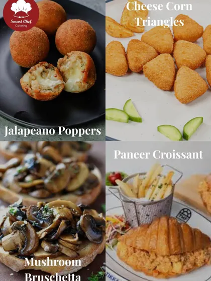 A selection of our vegetarian hi-tea starters, including Jalapeño Poppers, Cheese Corn Triangles, Mushroom Bruschetta, and Paneer Croissants.
