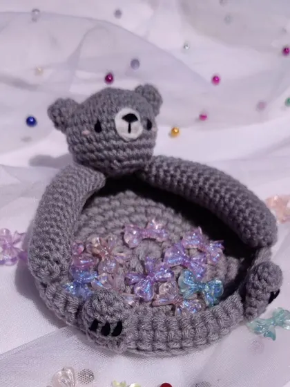 This adorable grey bear trinket dish is another one of my unique organizer designs. The bear's arms form a small bowl, perfect for holding beads, clips, or other small craft supplies.