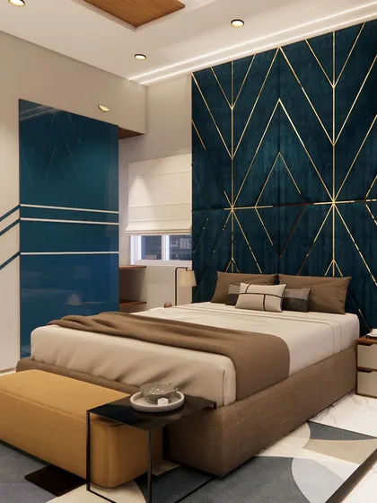 A 3D render of a bold and modern bedroom, featuring a deep teal velvet headboard with a geometric gold pattern. The design is complemented by a matching wardrobe and abstract flooring.