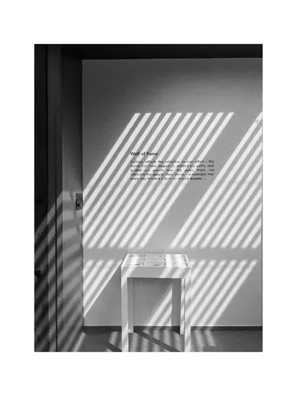 The 'Wall of Fame' in our office, where we celebrate our team's achievements. The diagonal shadows from a nearby window add a dynamic graphic element to the space.