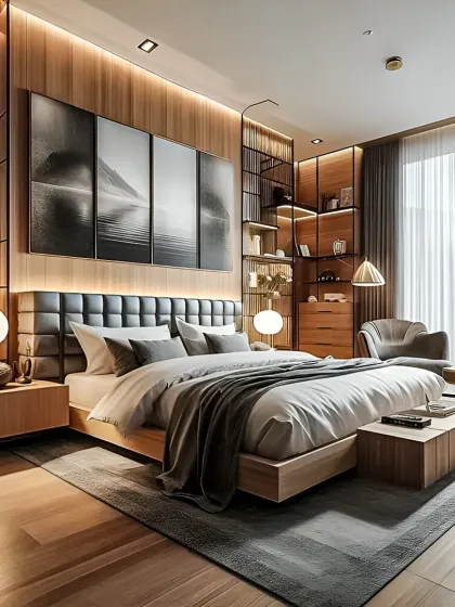 For this master bedroom, I focused on creating a luxurious and serene retreat. The design includes a custom upholstered headboard, integrated wooden wall paneling with accent lighting, and bespoke shelving to blend comfort with sophisticated style.