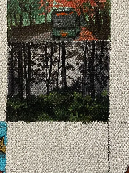 A mini-painting of a misty forest.