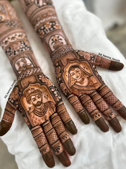 This is a closer look at the bride and groom portraits from a full bridal set. Notice the shading that gives the faces a three-dimensional feel.