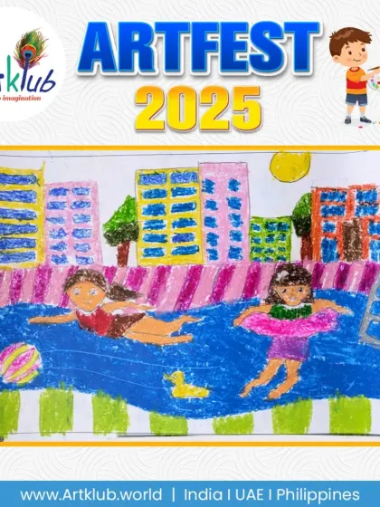 A fun-filled swimming pool scene from a junior artist. The drawing shows two children enjoying the water in a city setting, complete with colourful buildings.
