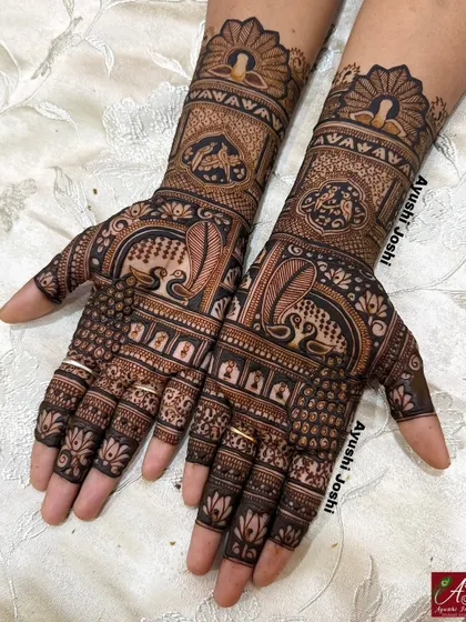 A designer mehendi for a 'diksha' ceremony, featuring beautiful peacocks, lotus patterns, and traditional architectural elements.