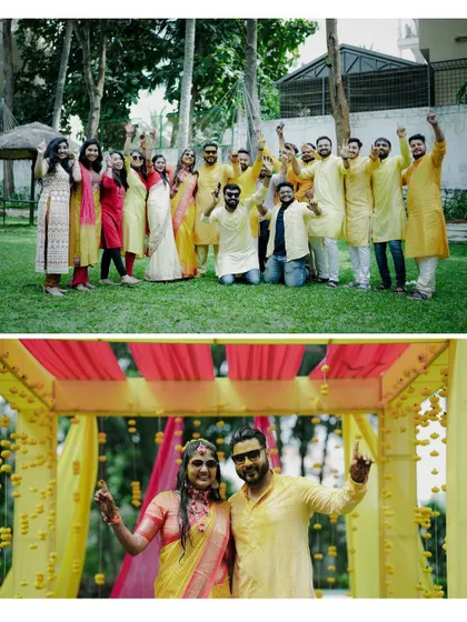 A collage celebrating the fun of the Haldi ceremony, with group shots of friends and a happy portrait of the couple under their decorated mandap.