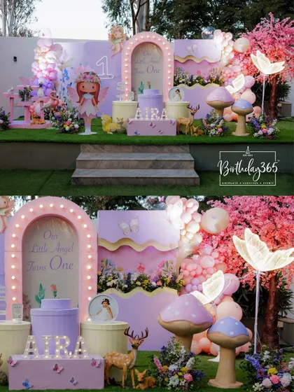 A magical fairy-themed party for Aira's first birthday. We combined a lighted arch, custom name blocks, and whimsical props like a fairy cutout, friendly deer, and glowing mushrooms to create an enchanted forest setting.